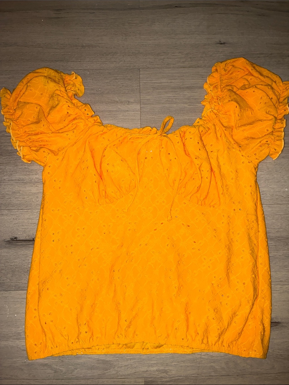 Vintage Wrapper Women’s Puff Sleeve Eyelet Top in Bright Yellow
